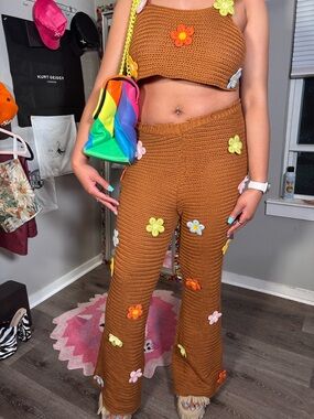 Fashion Nova Brown Crochet Two-Piece Jumpsuit with Floral Appliques